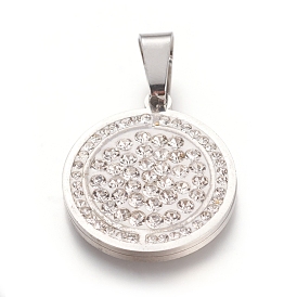 304 Stainless Steel Pendants, with Polymer Clay Crystal Rhinestone, Flat Round