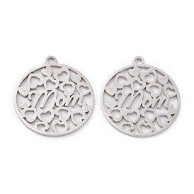 201 Stainless Steel Pendants, Laser Cut, Manual Polishing, Hollow, Flat Round with Word Mom & Heart