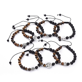 Natural Lava Rock & Tiger Eye Beads Adjustable Braided Bracelets, with Tibetan Style Alloy Beads, Fat Round/Cross/Leopard/Lion/Cube/Hand