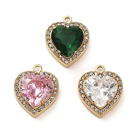 Real 14K Gold Plated 304 Stainless Steel Pendants, with Glass and Rhinestone, Heart Charms