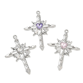 Alloy with Rhinestone Pendants, Cross with Heart Charms, Rack Plating, Cadmium Free & Nickel Free & Lead Free, Platinum