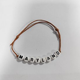 Adjustable Waxed Cotton Cord Braided Bracelets, Letter Acrylic Beads Bracelets for Women