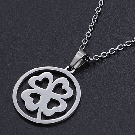 201 Stainless Steel Pendants Necklaces, with Cable Chains and Lobster Claw Clasps, Flat Round with Clover
