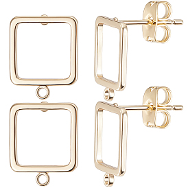 20шт. полые квадратные латунные серьги-гвоздики, с горизонтальными петлями и фрикционными гайками 20шт.