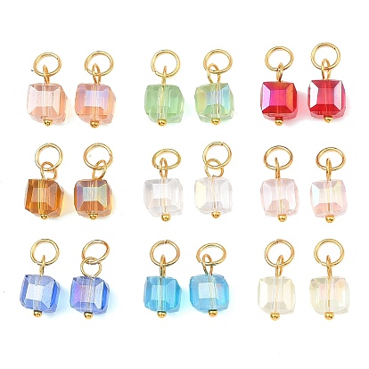 Подвески гальванизируйте стекла, кубический шарм, с открытыми пружинными кольцами из нержавеющей стали 304, реальный 18 k позолоченный, граненые