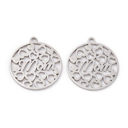 Mother's Day Non-Tarnish 201 Stainless Steel Pendants, Laser Cut, Manual Polishing, Hollow, Flat Round with Word Mom & Heart