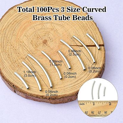 100Pcs 3 Styles Brass Tube Beads, Curved Tube