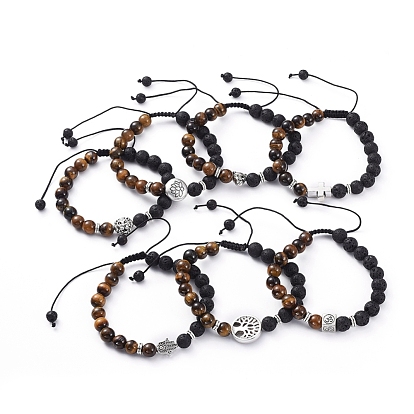 Natural Lava Rock & Tiger Eye Beads Adjustable Braided Bracelets, with Tibetan Style Alloy Beads, Fat Round/Cross/Leopard/Lion/Cube/Hand