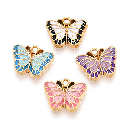 304 подвески из нержавеющей стали и эмалевой блестящей пудры, бабочки прелести, ионное покрытие (ip), реальный 18 k позолоченный