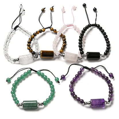 Natural Mixed Stone Column Link Bracelet, Braided Adjustable Bracelet