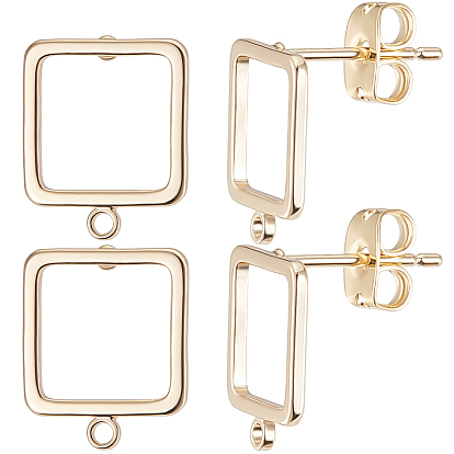 20шт. полые квадратные латунные серьги-гвоздики, с горизонтальными петлями и фрикционными гайками 20шт.