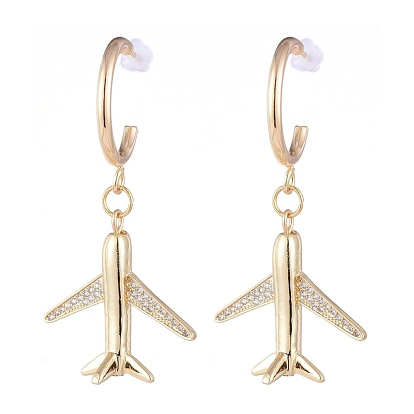 Brass Dangle Stud Earrings, Half Hoop Earrings, with Brass Micro Pave Cubic Zirconia Pendants, Plastic Ear Nuts and Cardboard Boxes, Airplane