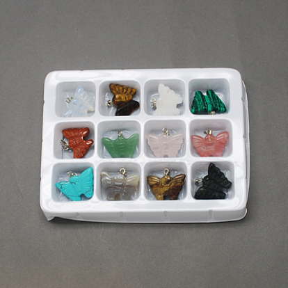 Gemstone Pendants, with Brass Clasps, Mixed Stone, Butterfly, 20x25x5mm, Hole: 6x2mm, 12pcs/box