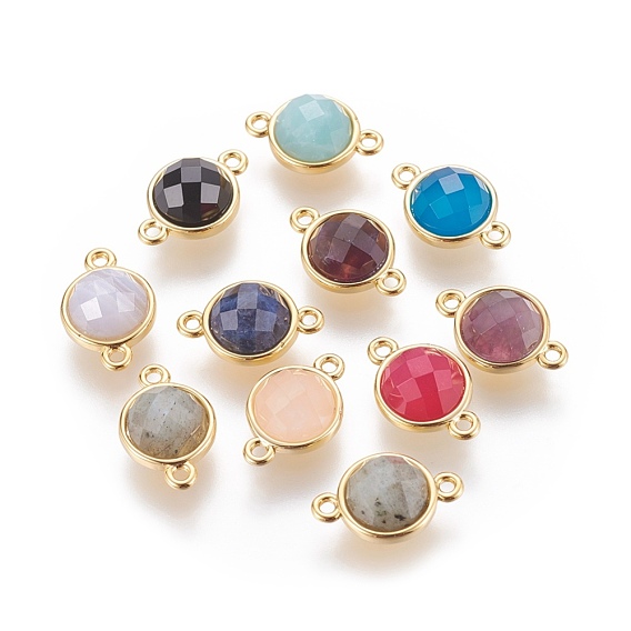 Natural Gemstone Links Connectors, with Brass Findings, Faceted, Flat Round, Golden
