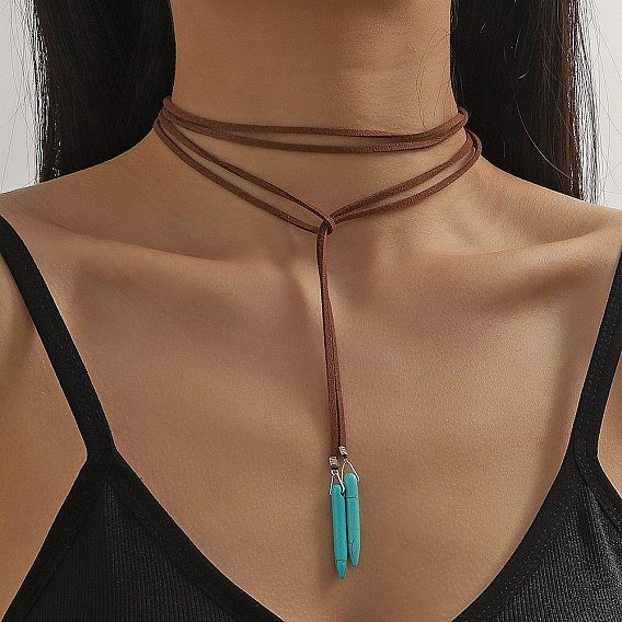 Collares colgantes de cono de turquesa sintética de estilo bohemio para mujer, collares de lazo con cordón de terciopelo