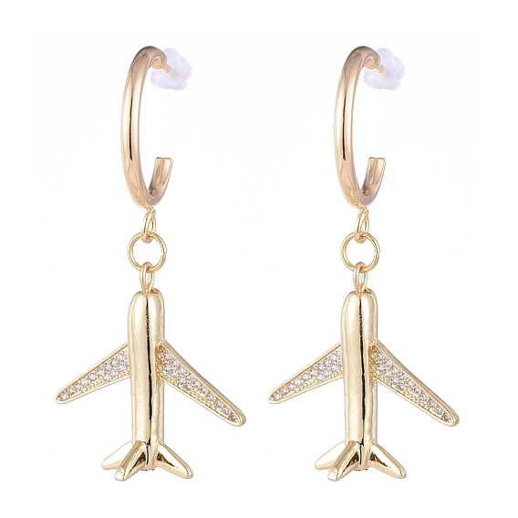 Brass Dangle Stud Earrings, Half Hoop Earrings, with Brass Micro Pave Cubic Zirconia Pendants, Plastic Ear Nuts and Cardboard Boxes, Airplane