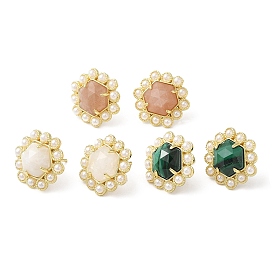 Natural Mixed Gemstone Hexagon Stud Earrings with Plastic Pearl Beaded, Real 14K Gold Plated Brass Jewelry