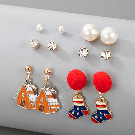 Christmas Cute Pom-Pom Snow House Socks Pearl Earrings & Necklace Set - 6 Pieces