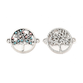 Tibetan Style Alloy Connector Charms, with Synthetic Turquoise, Flat Round with Tree