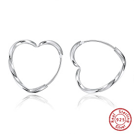 Rhodium Plated 925 Sterling Silver Hoop Earrings, Heart