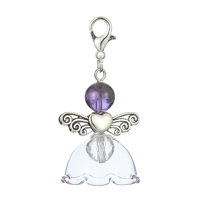 Natural Gemstone Pendant Decorations, with Glass Beads and Alloy Lobster Claw Clasps, Angel
