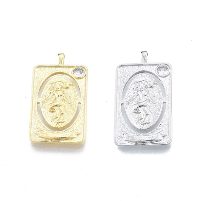 Brass Micro Pave Clear Cubic Zirconia Pendants, Cadmium Free & Nickel Free & Lead Free, Rectangle with Oval & Human