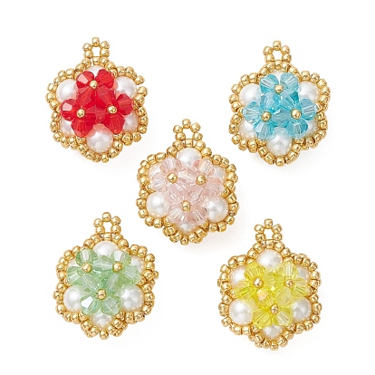 Стеклянные подвески из бисера, цветочный шарм, со стеклом и стеклянной жемчужиной, граненые