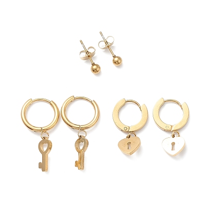 3 Pairs 3 Style 304 Stainless Steel Ball Stud Earrings, Heart Key Dangle Hoop Earrings for Women