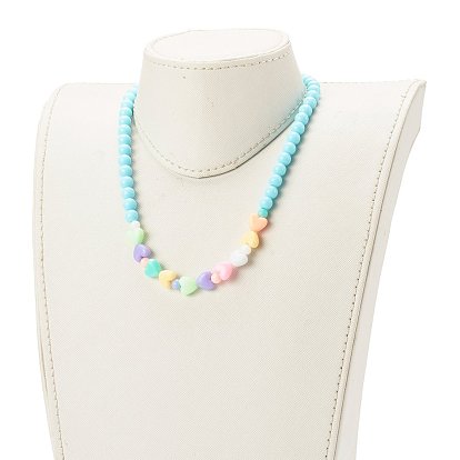 Ensembles de bijoux collier et bracelet en perles extensibles pour enfants, avec perles acryliques opaques rondes et coeur