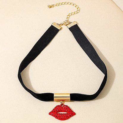 Сплав рубиновый горный хрусталь губа кулон черный ткань колье колье для женщин, золотые