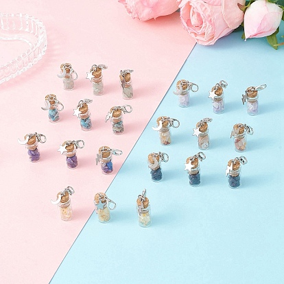 21 шт. 7 стили чакра натуральные и синтетические драгоценные камни чипсы внутри стеклянная бутылка желаний кулон украшение, с подвесками из нержавеющей стали в виде звезд, луны и молний