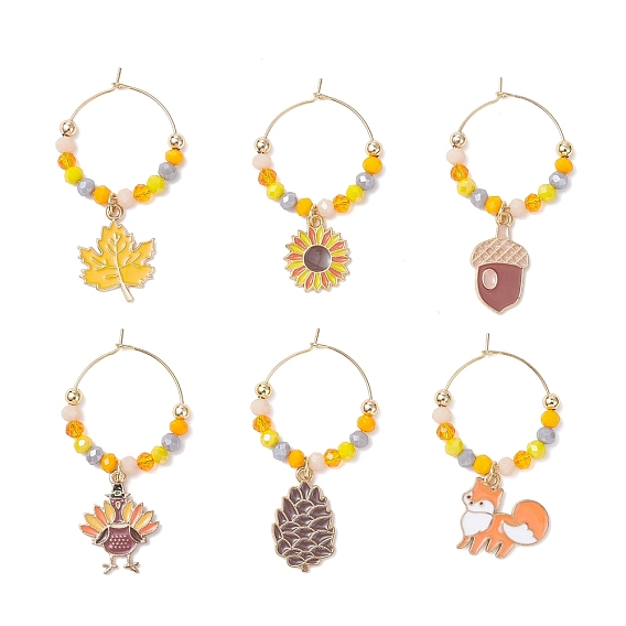 Подвески для бокалов вина из сплава эмали на День благодарения, со стеклянными бусинами и латунными кольцами-подвесками для бокалов для вина