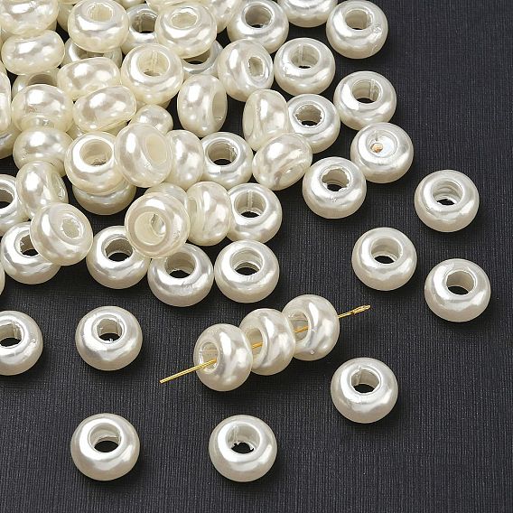 Abs пластмасса имитация жемчуг rondelle большая дыра европейские бисер, 12x7 мм, Отверстие : 5 мм , около 980 шт / 500 г
