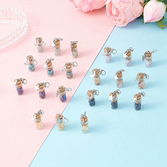 21 шт. 7 стили чакра натуральные и синтетические драгоценные камни чипсы внутри стеклянная бутылка желаний кулон украшение, с подвесками из нержавеющей стали в виде звезд, луны и молний