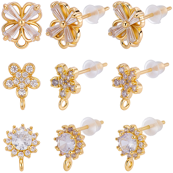 18шт. 3 стили латунные серьги-гвоздики с прозрачными кубическими циркониями, с петлей, без никеля , цветок, 20 гайки ушные пластиковые
