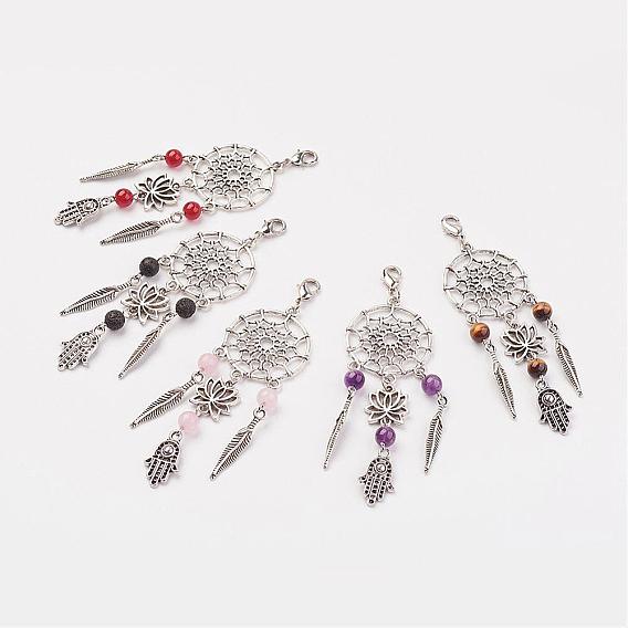 Alloy Pendant Decorations, with Gemstone and Brass Lobster Claw Clasps, Lotus & Hamsa Hand/Hand of Fatima/Hand of Miriam & Feather