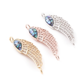 Brass Micro Pave Cubic Zirconia Links Connectors, with Abalone Shell/Paua Shell, Cadmium Free & Nickel Free & Lead Free, Wing, Clear