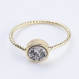 Natural Druzy Agate Finger Rings, with Brass Findings, Flat Round, Size 5