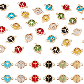 36Pcs 6 Colors Glass Connector Charms, with Light Gold Plated Alloy Findings, Flat Round with Peace Sign