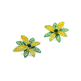 Green Flower Stud Earrings with Colorful Gemstones - Minimalist, Elegant, Oil Dripping.