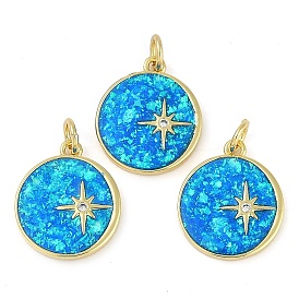 Rack Plating Brass Micro Pave Clear Cubic Zirconia Pendants, with Synthetic Opal, Long-Lasting Plated, Lead Free & Cadmium Free, Flat Round with Star Pattern