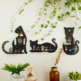 Wooden Cat Shelf for Crystals, Witchcraft Floating Wall Shelf, Candle Holder