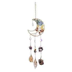 Natural Gemstone Wind Chime, with Glass Beads and Iron Findings, Moon