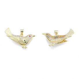 Brass Micro Pave Clear Cubic Zirconia Pendants, with Brass Snap on Bails, Nickel Free, Bird