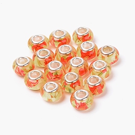 Resin European Beads, Large Hole Beads, with Platinum Tone Brass Core, Rondelle with Flower