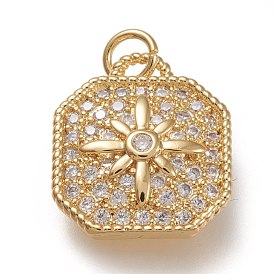 Brass Micro Pave Clear Cubic  Zirconia Pendants, with Jump Rings, Hexagon with Flower