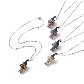 5Pcs 5 Style Natural Mixed Gemstone Mushroom with Witch Hat Pendant Necklaces Set, 304 Stainless Steel Jewelry for Women