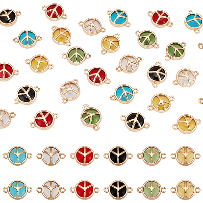 36Pcs 6 Colors Glass Connector Charms, with Light Gold Plated Alloy Findings, Flat Round with Peace Sign