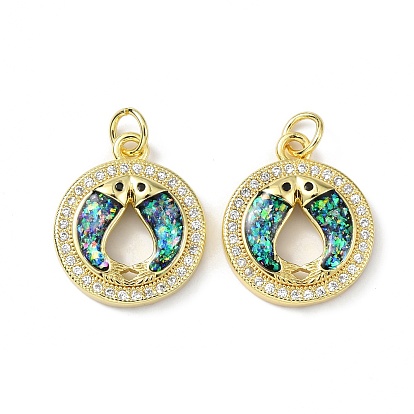 Brass Micro Pave Cubic Zirconia Pendants, Cadmium Free & Lead Free, with Synthetic Opal and Jump Ring, Flat Round with Fish