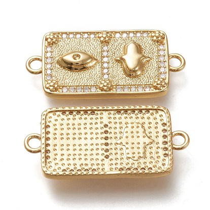 Brass Micro Pave Cubic Zirconia Links Connectors, Rectangle with Eye & Hamsa Hand, Clear